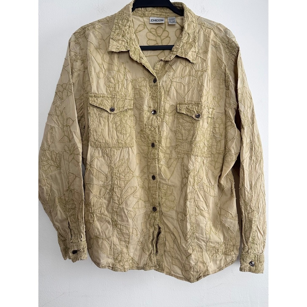 Chicos Khaki Green Floral Embroidered Button Down XL Cotton Boho Earthy Granola